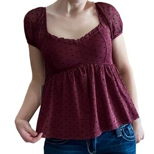 NWT✨ | Truth Be Told | Maroon Micro Mesh Babydoll Top w/ Black Velvet Polka Dots